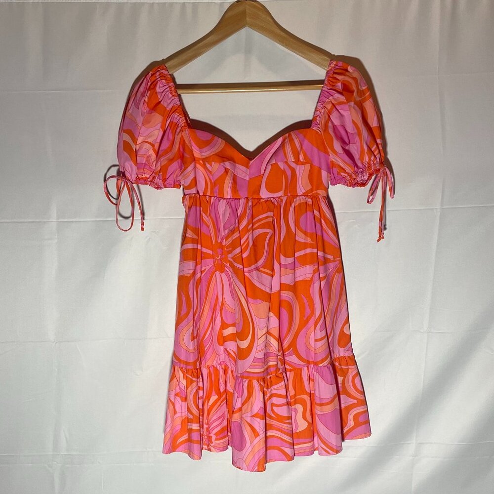 OLIVACEOUS Women's Puff Sleeve Mini Sundress Size SM Pink/Orange Pattern